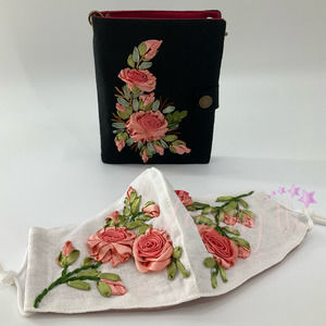 Coral Rose Embroidery Passport Wallet & Silk Mask, Wedding Gift, Versatile